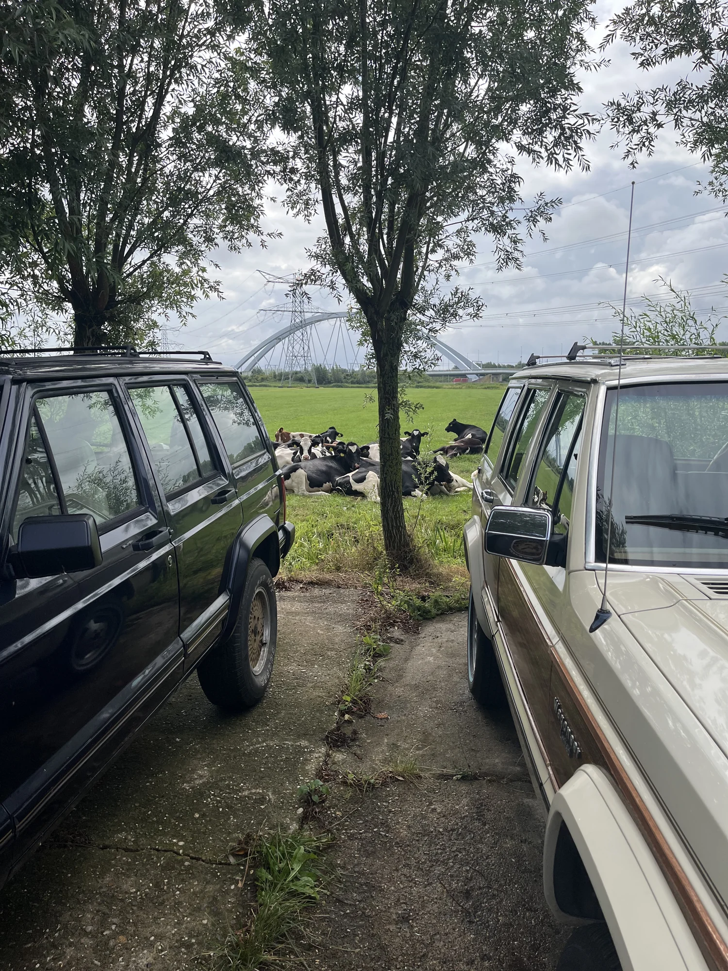Twee Jeep Cherokees naast elkaar op een erf