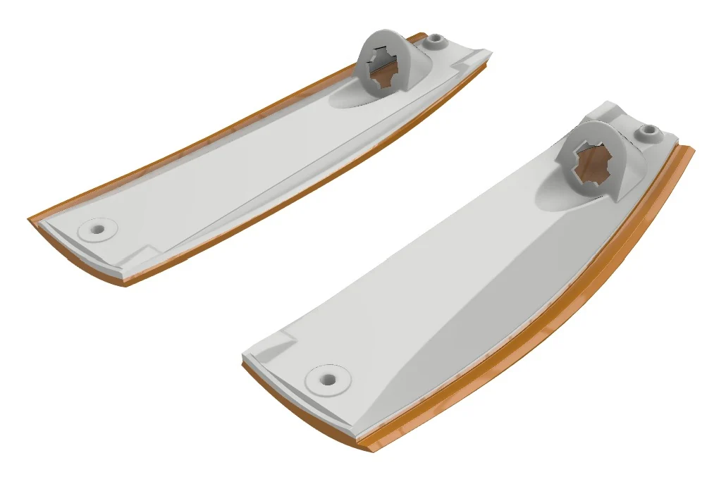 CAD-render van twee knipperlichtbehuizingen met lens