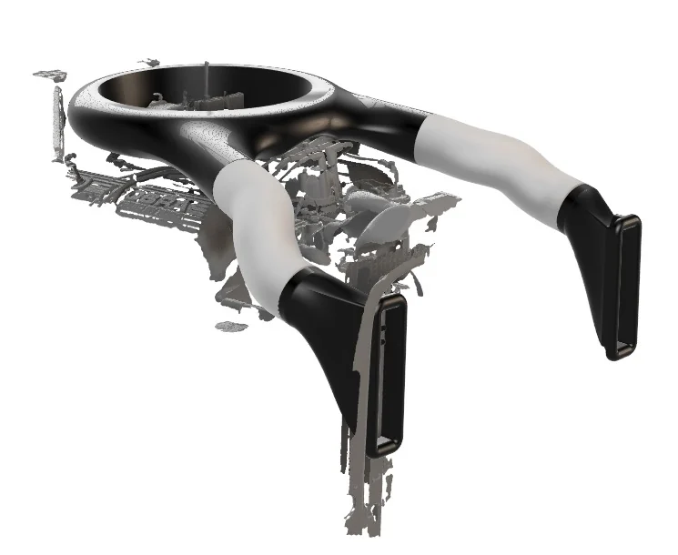CAD-ontwerp van een cold air intake in een 3D-scan van de motorruimte