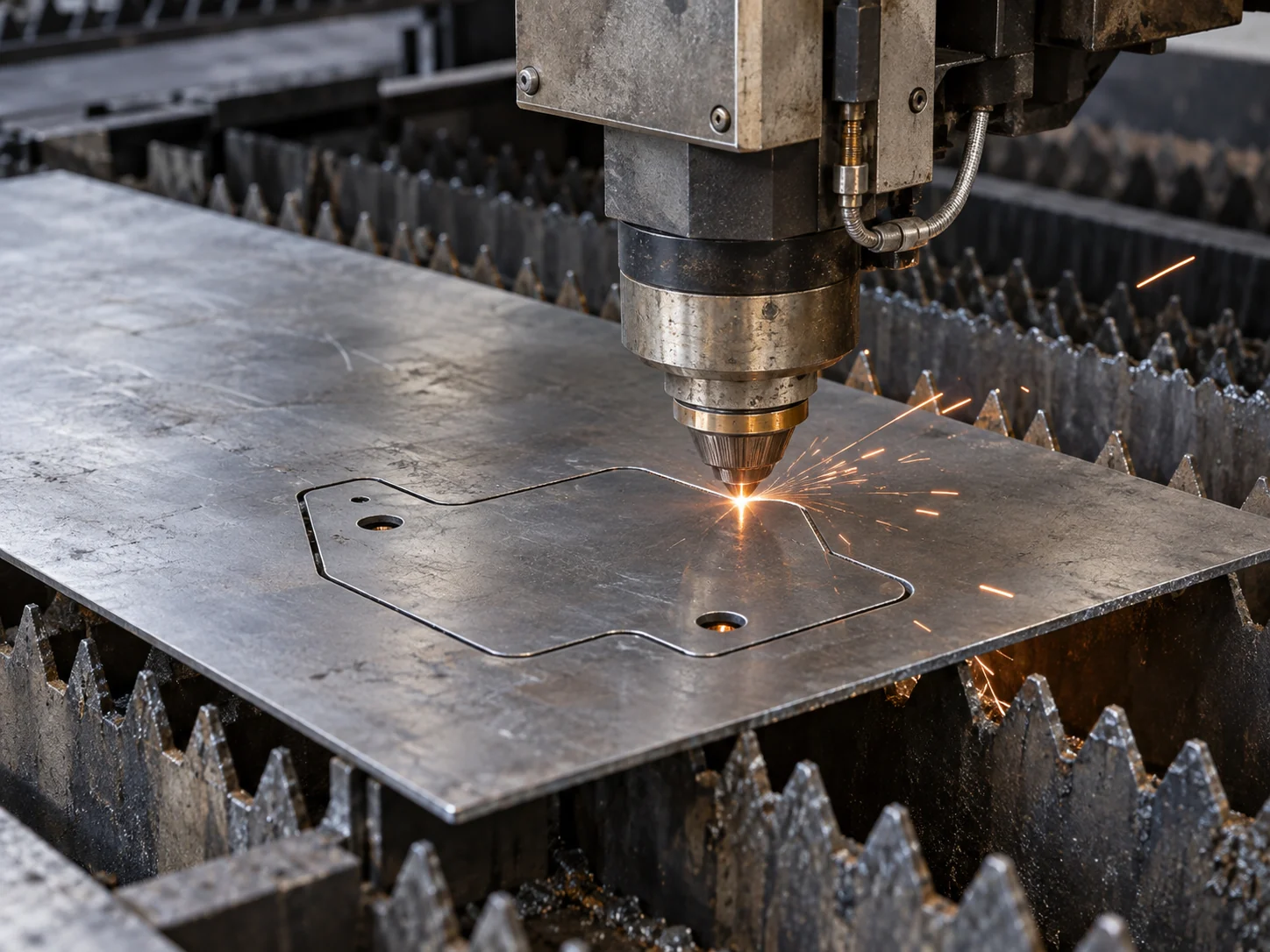 AI-illustratie van lasersnijden van een metalen plaat